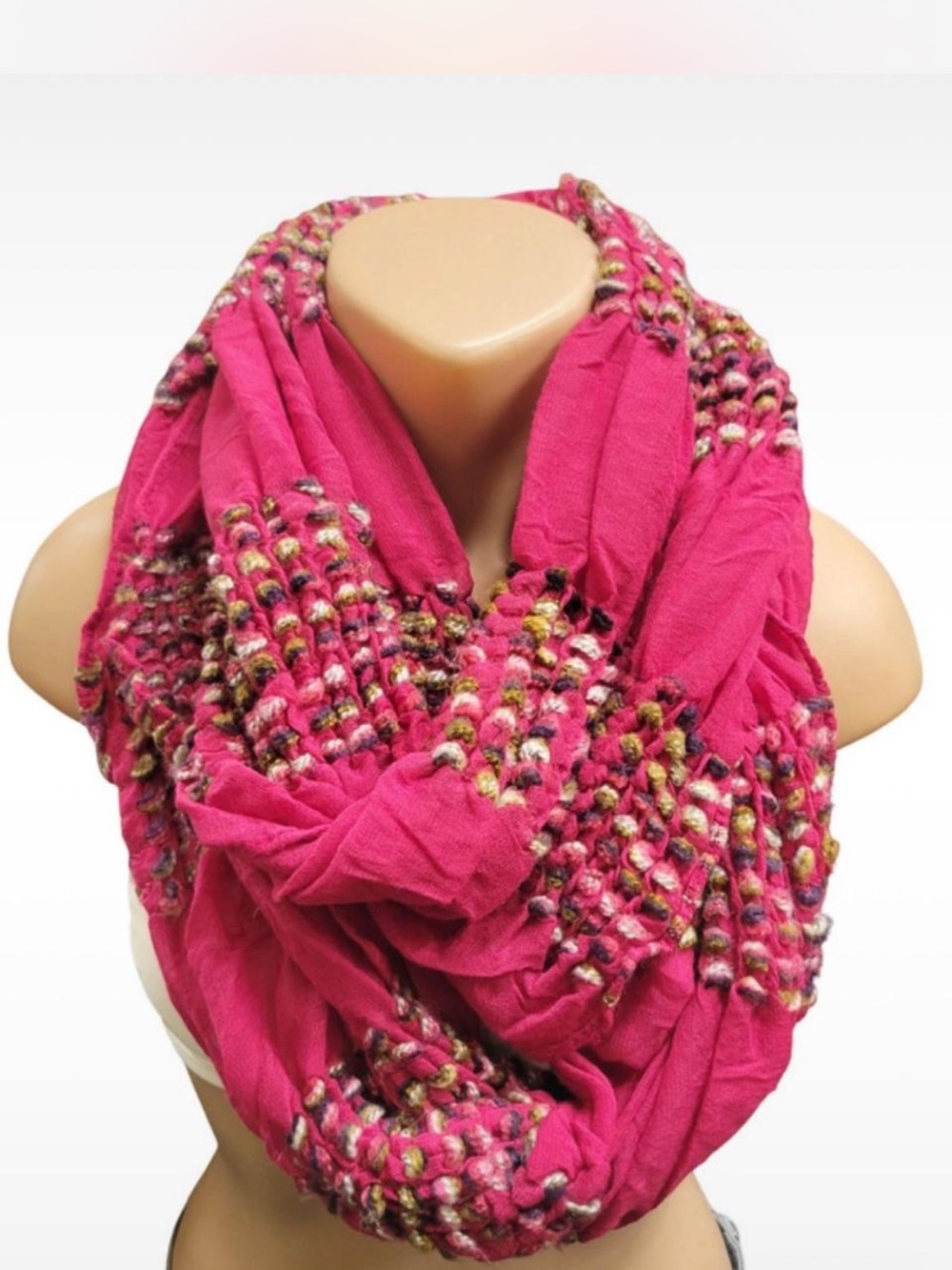 Women's Shopaholic Pink Infinity Scarf with Multicolor Knit Accents
